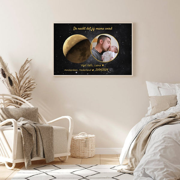 Gepersonaliseerde Maanfase Poster "De Nacht dat jij Papa Werd" – Bijzonder Geboortegeschenk voor Nieuwe Vaders 