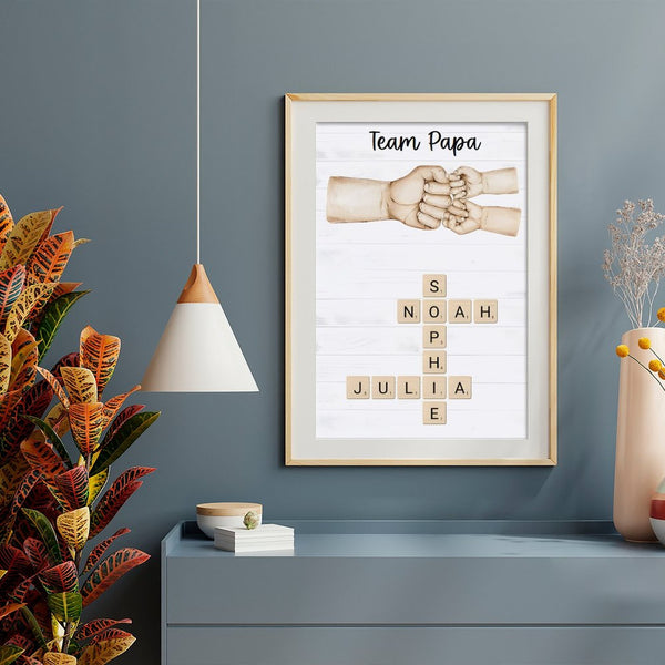 Gepersonaliseerd "Team Papa" Poster met Namen in Kruiswoordstijl – Uniek Cadeau voor Vader