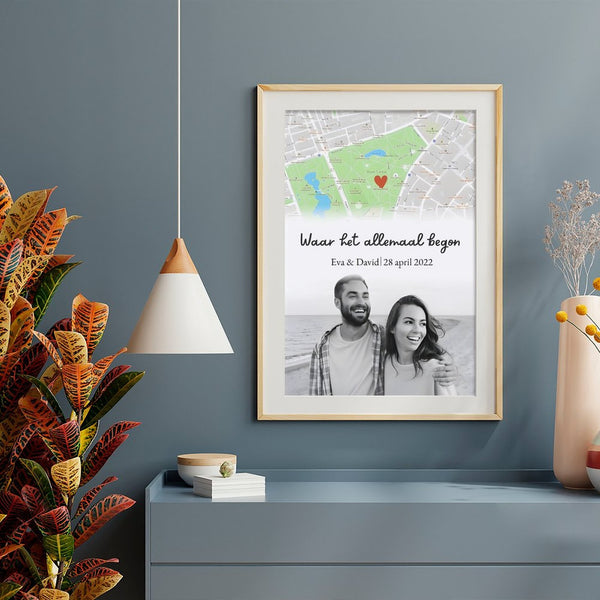 Gepersonaliseerde Landkaart "Waar het Allemaal Begon" met Foto &amp; Datum – Romantische Cadeau voor Stellen 