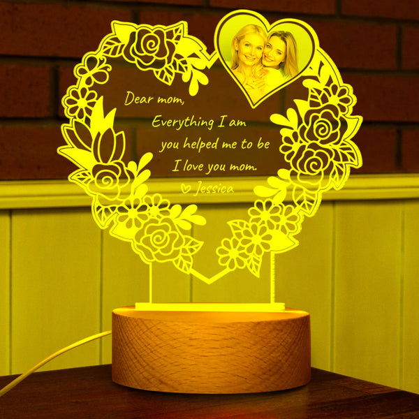 Custom "I Love You Mom" LED Night Light with Wooden Base – Personalized Gift for Mom
